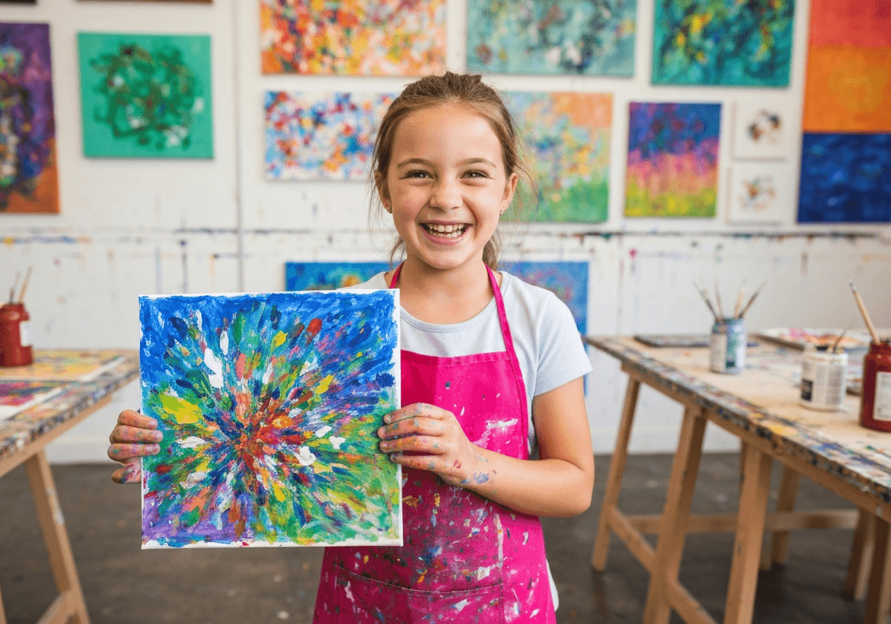 Child proudly showing her painted artwork