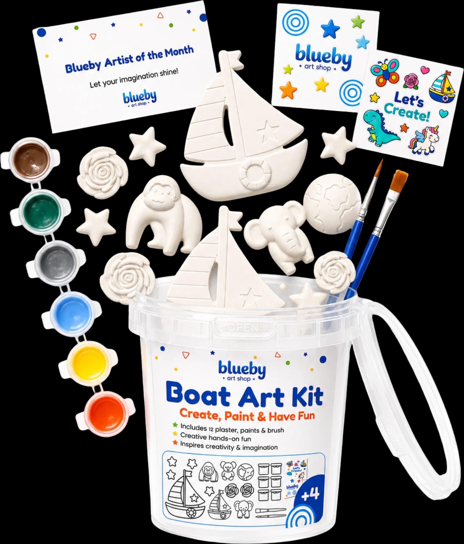 Everything inside a Blueby Boat Art Kit: plaster figurines, paint pots, brushes and sticker sheets