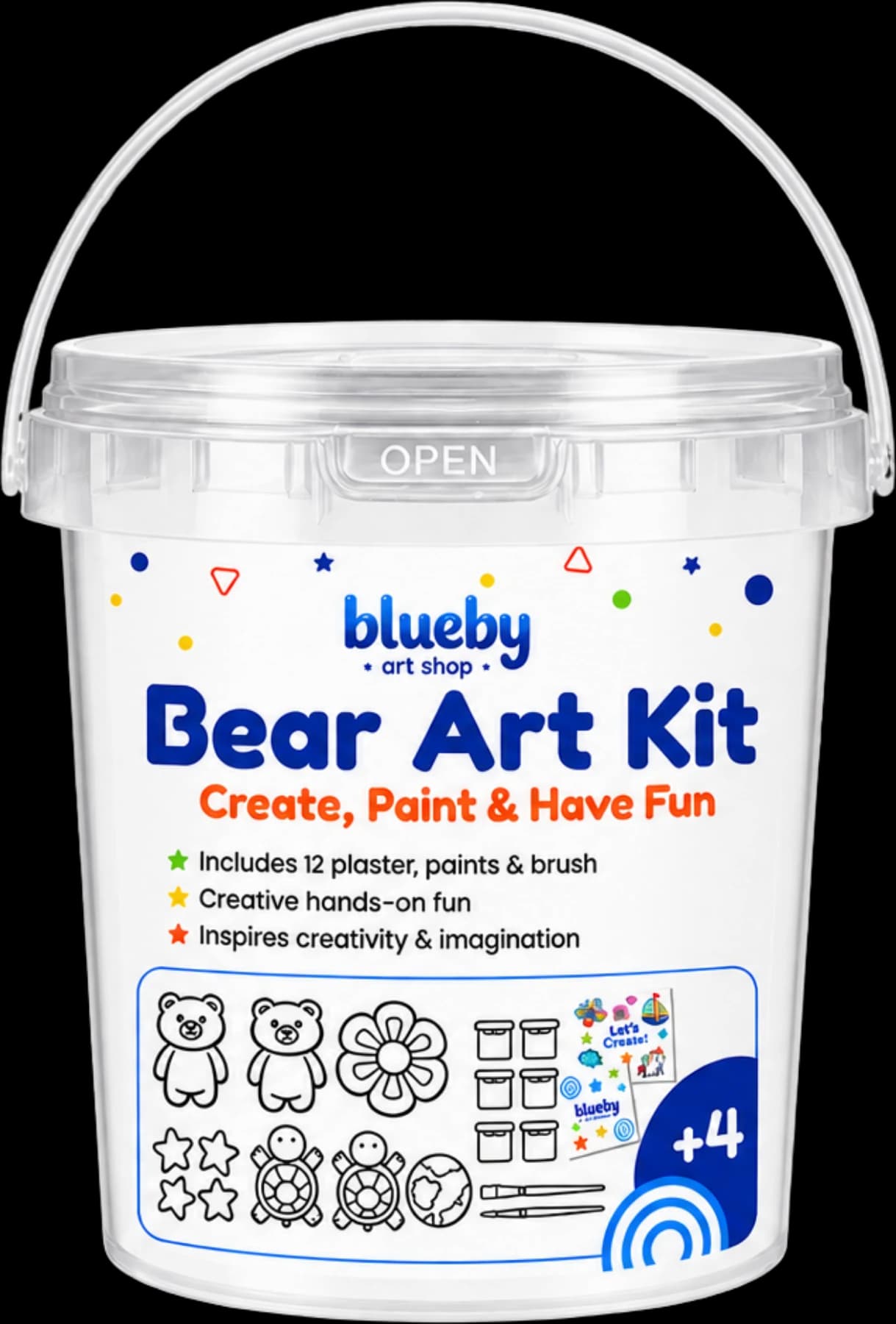The Bear Art Kit bucket, holding 12 plaster figurines, paints and a brush