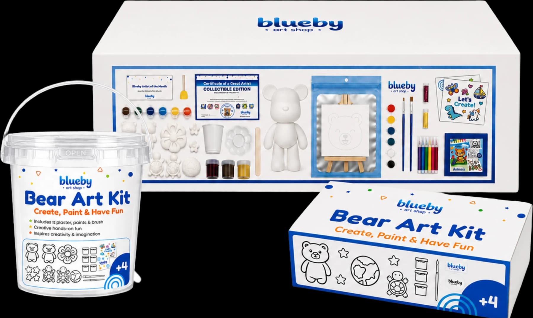 A Blueby Bear Art Kit collection: the collectible box, the bucket kit and the mini kit box