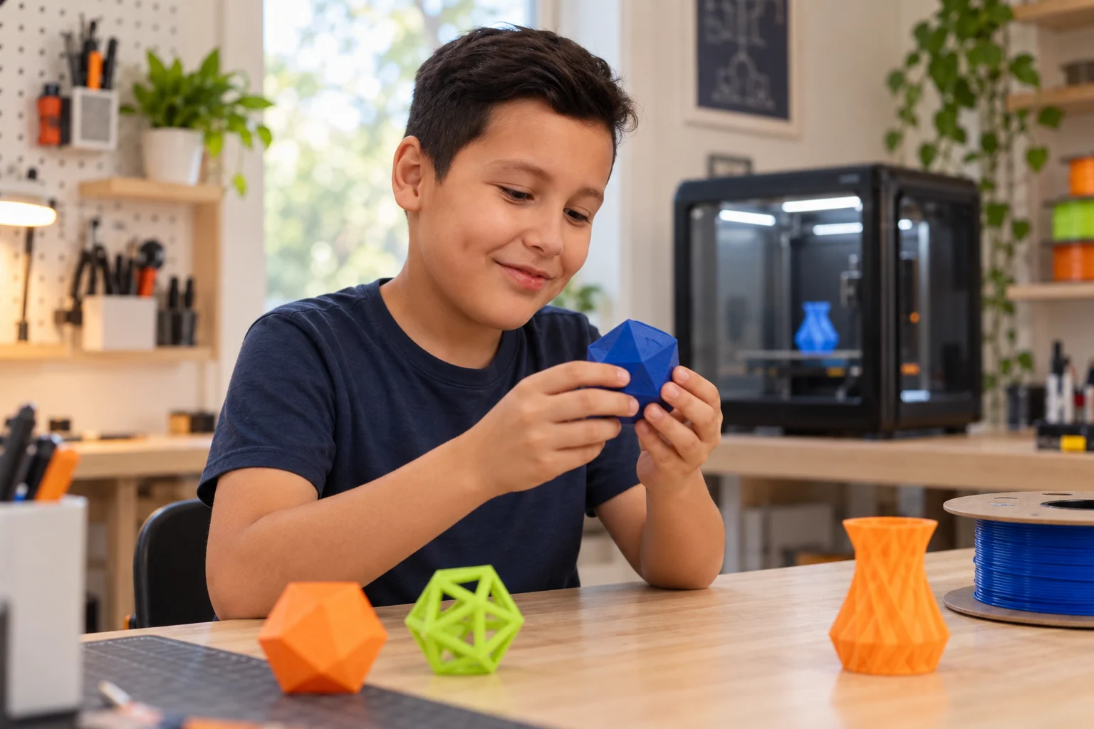 Creative portrait of Fernando examining a blue 3D printed piece