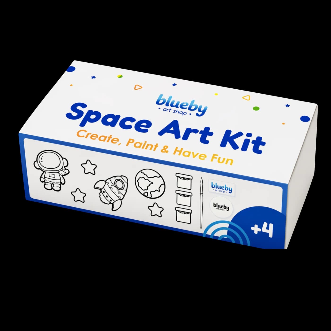 The Mini Artist Space Art Kit box, holding plaster figurines, paints and a brush