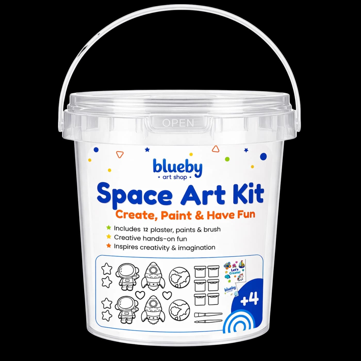 The Blueby Creative Bucket, a clear tub holding 12 plaster space figurines, paint pots and brushes